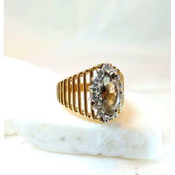 VTG 14KT White Gold Smokey Quartz Natural Diamond Ring Sz 6  7.1 gr - Picture 7 of 8